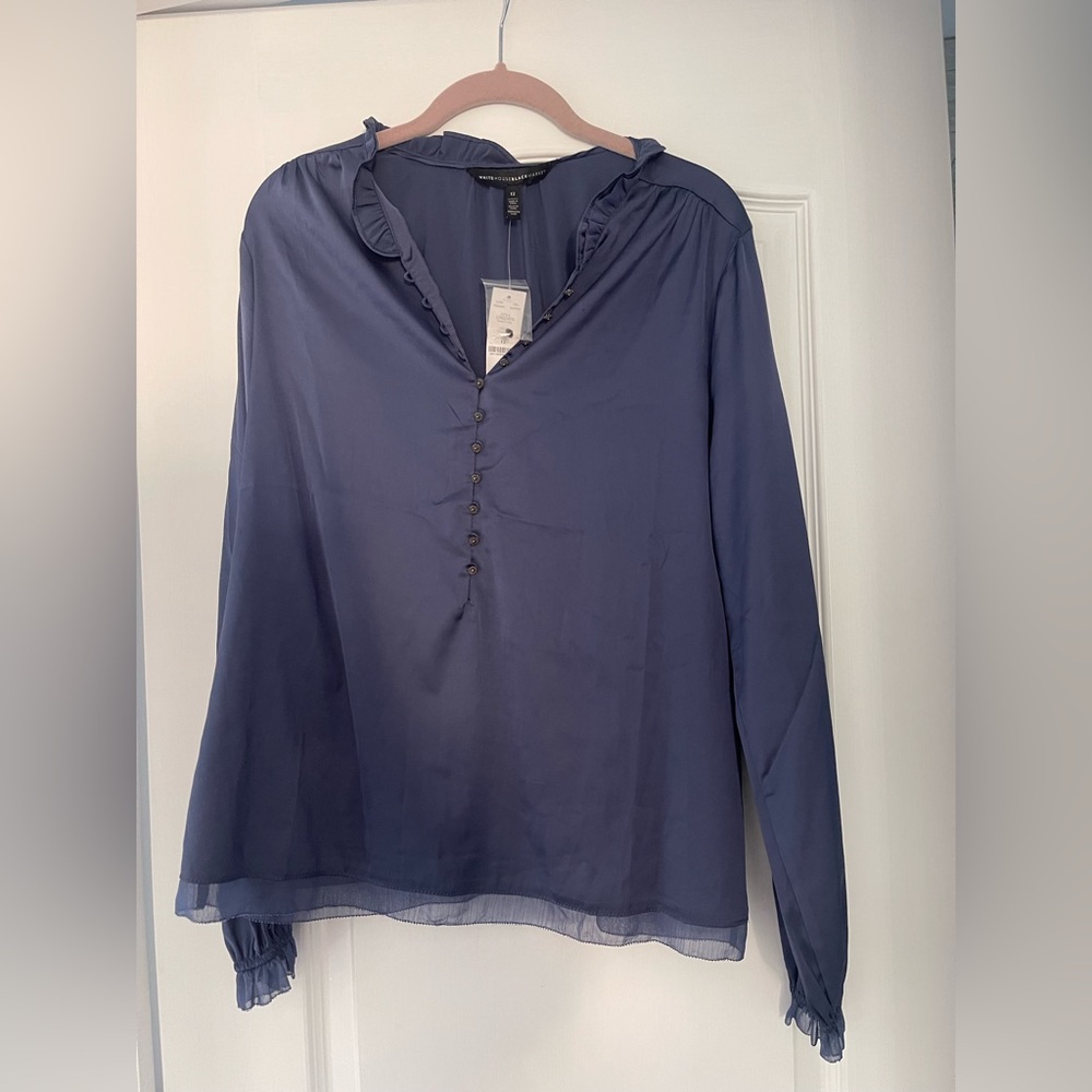 White House Black Market Blueprint Satin Blouse Blue Buttonfront Sz 12 NWT - Picture 3 of 8